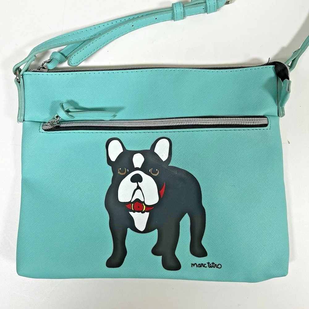 Marc Tetro French Bulldog Crossbody Double Zip Bag Black and White Frenchie Aqua